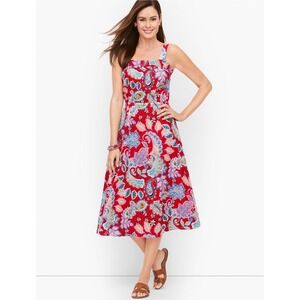 Talbots Petite Red Paisley Floral Cotton Smocked Midi Dress 2P Sleeveless Boho